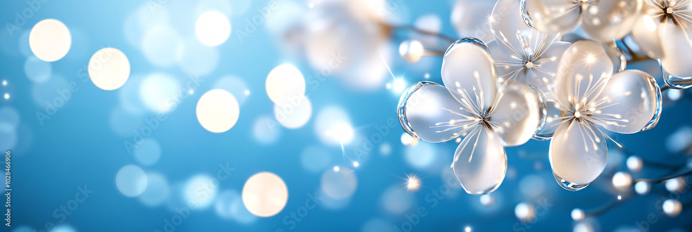 Christmas fairy transparent white flowers lights on a flat blue background. Delicate. Magic ambiance. Christmas fairy transparent white flowers lights on a flat blue background. Delicate. Magic ambiance.