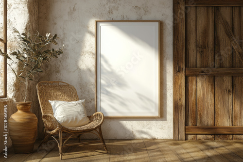 A mockup of an empty, blank poster frame on the wall in a boho, rustic home interior with a wicker armchair & wooden door. Sunlight streams through the window, creating a cozy atmosphere.