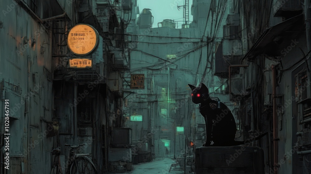 A Black Robotic Cat In An Urban Alleyway A Black Robotic Cat In An Urban Alleyway