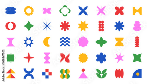Big set of simple geometric retro elements. Trendy y2k brutal contemporary icons. Various geometric figures.	