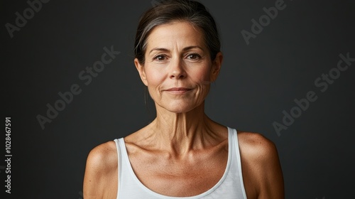 Beautiful older woman in white t-shirt female breast dark background Breast cancer support, prevention, mammography, screening, oncology, cancer treatment