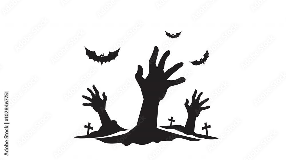 Animated Zombie Hands Rising from Grave with Bats. Seamless looping video with alpha channel on transparent background. Motion graphic animation Spooky Halloween illustration