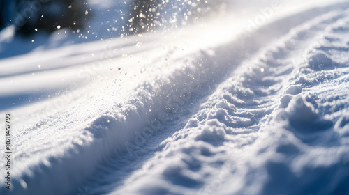 A close-up of a snowmobiles tracks in deep snow with powder being kicked up as the machine accelerates.