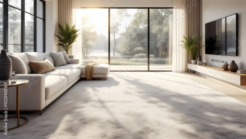 Modern Living Room with Plush White Carpet and Sunlight