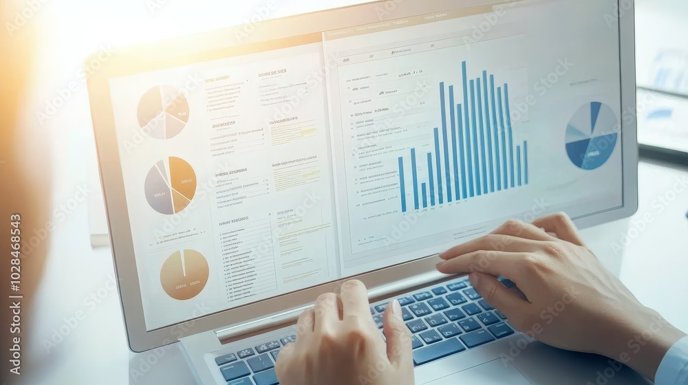 Obraz premium A person analyzing data on a laptop, showcasing graphs and charts for business insights, with a bright and modern workspace.
