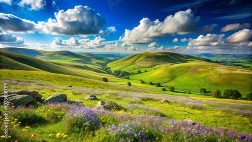 Vibrant hills and blue skies with clouds, nature, scenery, spring photo