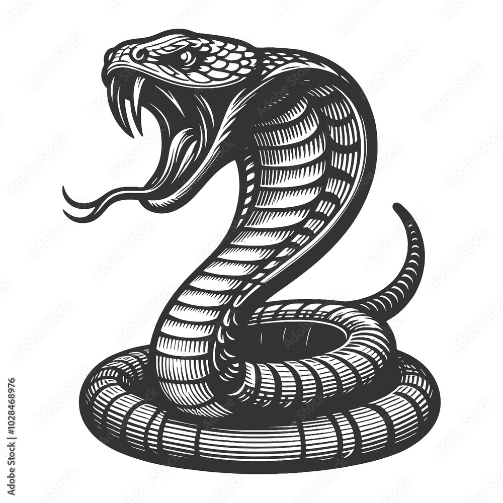 Fototapeta premium cobra snake in a menacing striking pose, rendered with fine engraving detail sketch engraving generative ai raster illustration. Scratch board imitation. Black and white image.
