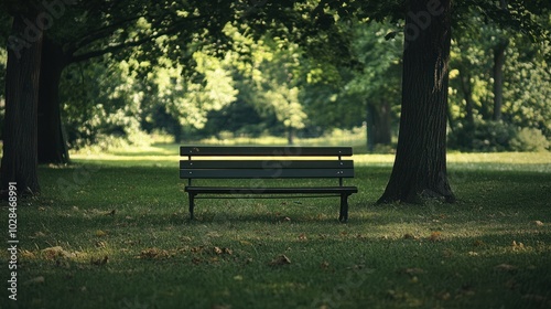 A solitary bench in a green park surrounded by trees photo