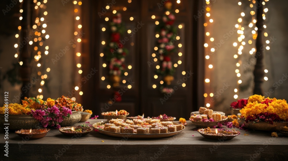 Traditional Indian sweets on a wooden table, with a view of a decorated home entrance adorned with twinkling fairy lights and flower garlands. Copy space, Indian traditional festival happy Diwali Traditional Indian sweets on a wooden table, with a view of a decorated home entrance adorned with twinkling fairy lights and flower garlands. Copy space, Indian traditional festival happy Diwali