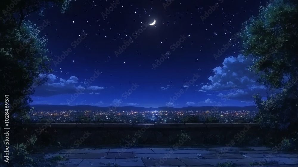 Fototapeta premium A serene night view of a starry sky with a crescent moon over a cityscape.