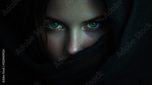 A close-up portrait of a person with striking green eyes partially covered by a dark shawl.