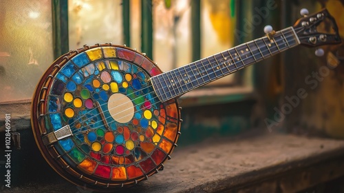 traditional banjo with a vibrant, multicolored design and a cheerful