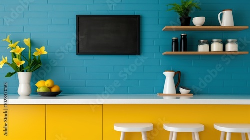 Blackboard mockup in colorful kitchen interior. Information display over countertop template advertising image. Home interior with equipment and chalkboard mock up product photorealistic