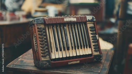 accordion with a worn leather exterior and a nostalgic photo