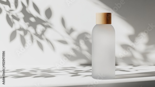 A frosted bottle with a wooden cap casting shadows, suggesting a minimalist aesthetic.