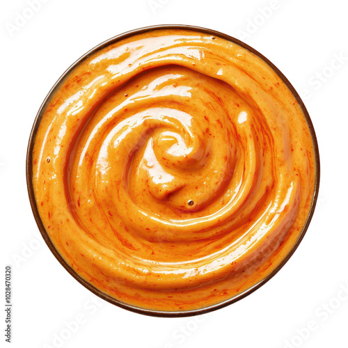 Romesco Sauce Swirl Isolated on Pure White Background: Ultra Realistic, Clear Contours, High Contrast, and Lifelike Accuracy in a Commercial Style.