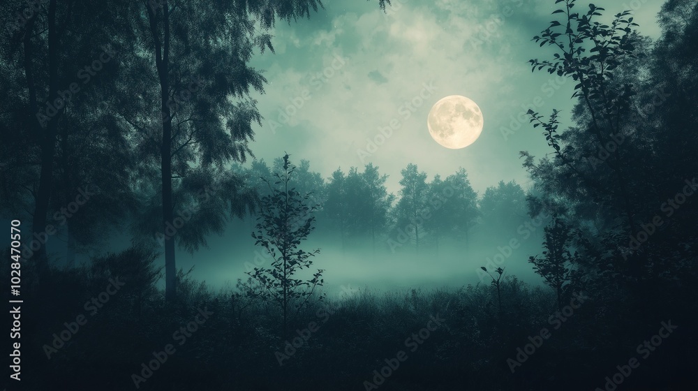 Full moon through the clouds over foggy river. Full moon through the clouds over foggy river.