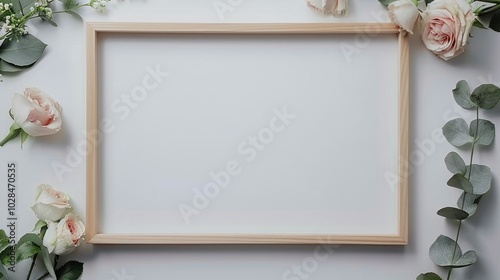 Wooden mockup framed by delicate pale roses and fresh eucalyptus leaves. Nature-inspired photoframe border template advertising image. Romance botanical pictureframe mock up realistic