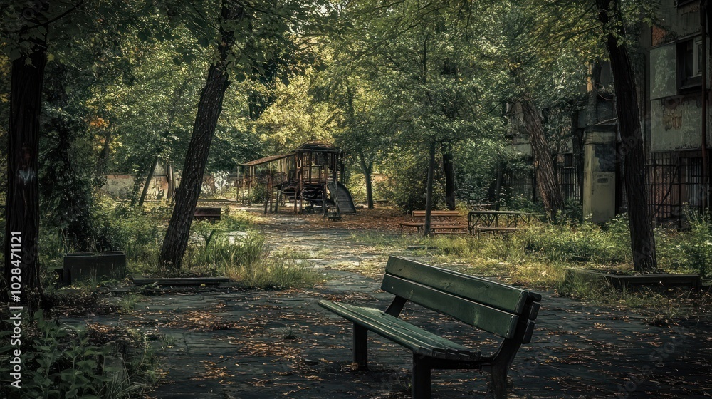A solitary bench in a overgrown forest with a wooden playground structure in the distance A solitary bench in a overgrown forest with a wooden playground structure in the distance