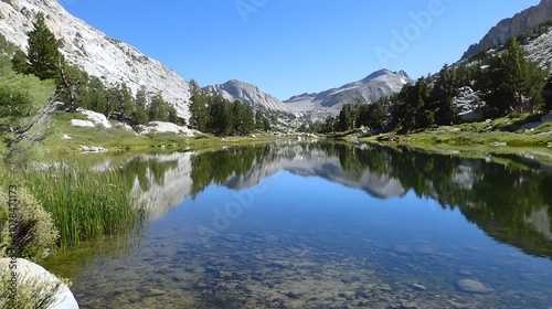 41. A still lake surrounded by mountains, reflecting the clear blue sky