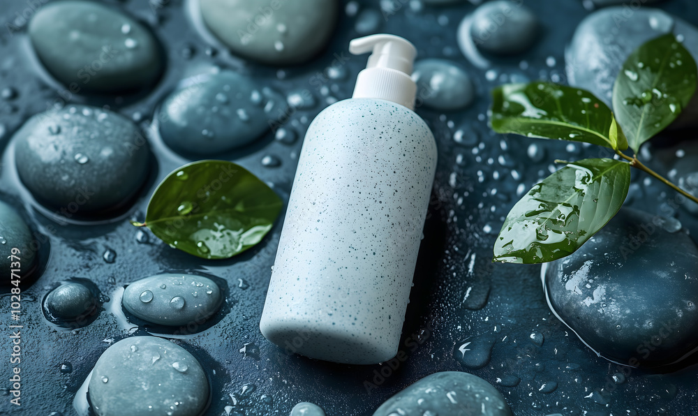 Shampoo or cream bottle arranged atmospheric stone with water drops. Product photography concept Shampoo or cream bottle arranged atmospheric stone with water drops. Product photography concept
