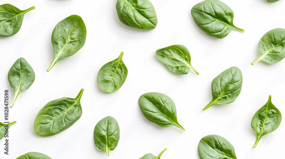 Fresh green healthy spinach on white background, top view. Fresh green healthy spinach on white background, top view.