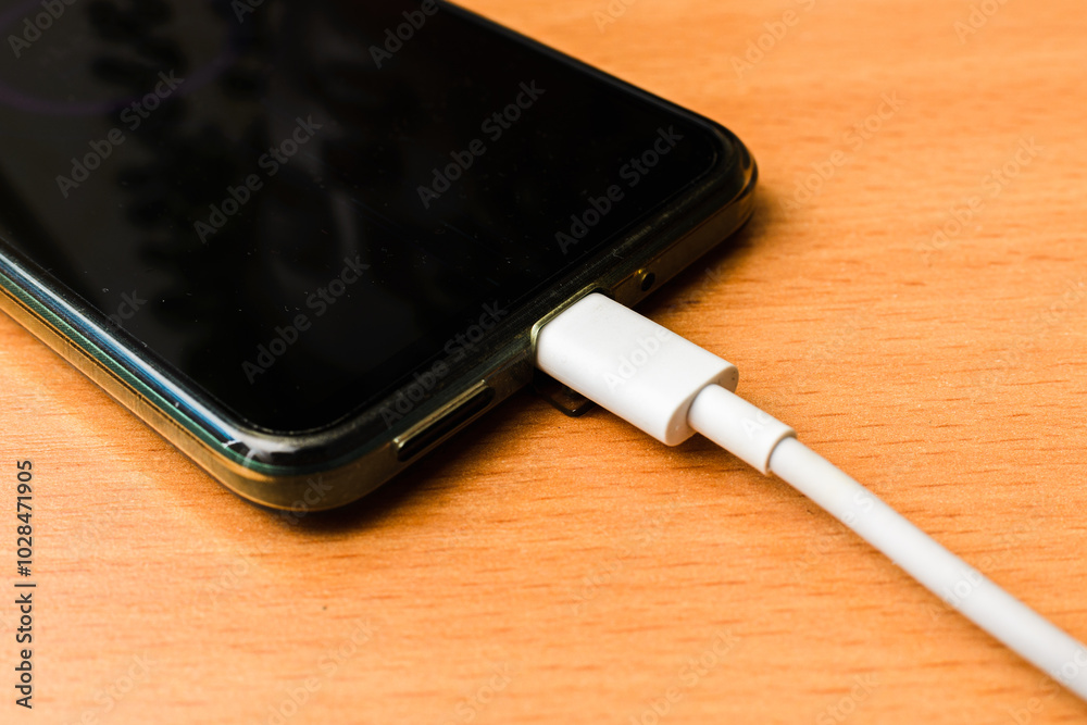 Smartphone with USB Cable the phone is charging the white cable of the table. Smartphone with USB Cable the phone is charging the white cable of the table.