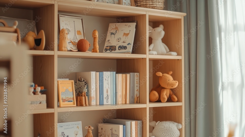 A cozy bookshelf filled with children's books and toys, designed for a playful atmosphere. A cozy bookshelf filled with children's books and toys, designed for a playful atmosphere.