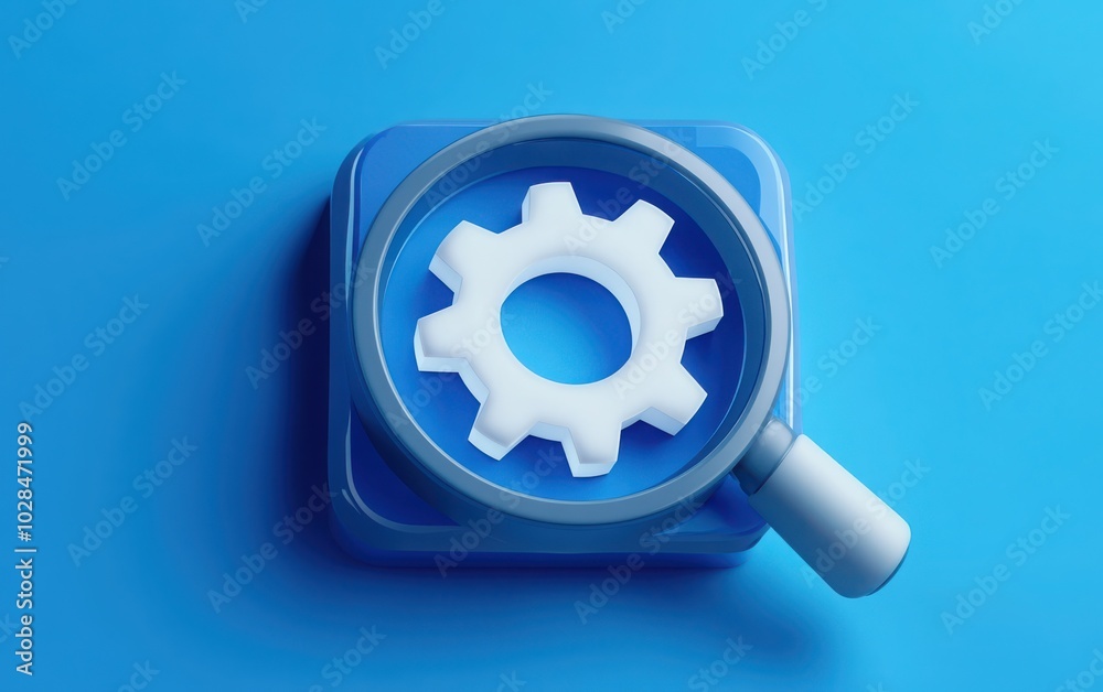 A sleek vector icon representing business analysis, prominently featuring a magnifying glass examining a gear symbol, designed to convey themes of SEO 