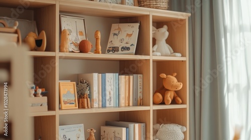 Wallpaper Mural A cozy bookshelf filled with children's books and toys, designed for a playful atmosphere. Torontodigital.ca