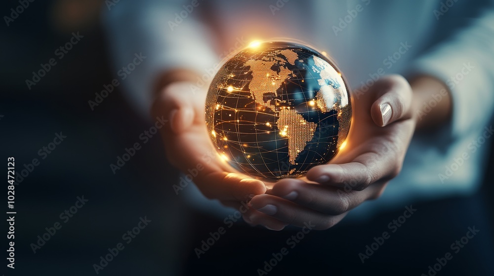 A person holds a glowing globe symbolizing global connection and technology in a modern setting. A person holds a glowing globe symbolizing global connection and technology in a modern setting.