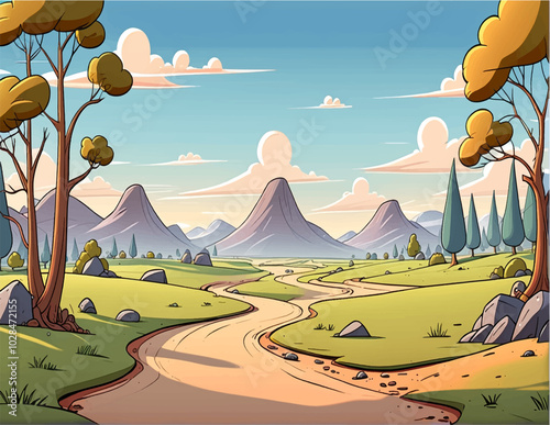 Film & Videowhimsical cartoon image featuring a road, a charming house, and a tree, creating a picturesque scene.