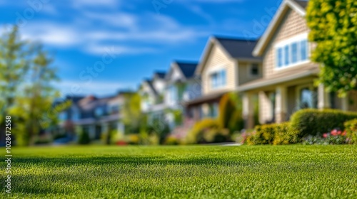 Defocused row of houses in a suburban neighborhood with green grass