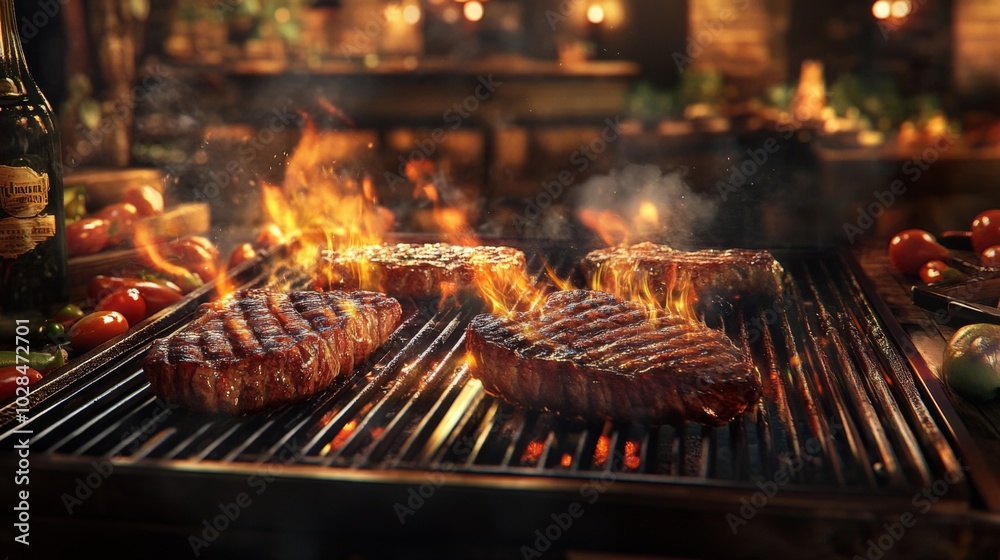 Four juicy steaks grilling on a hot grill with flames, smoke, and vegetables in the background. Four juicy steaks grilling on a hot grill with flames, smoke, and vegetables in the background.