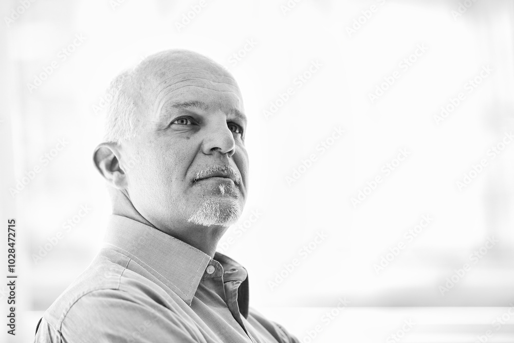 Senior businessman looking up and thinking in office Senior businessman looking up and thinking in office