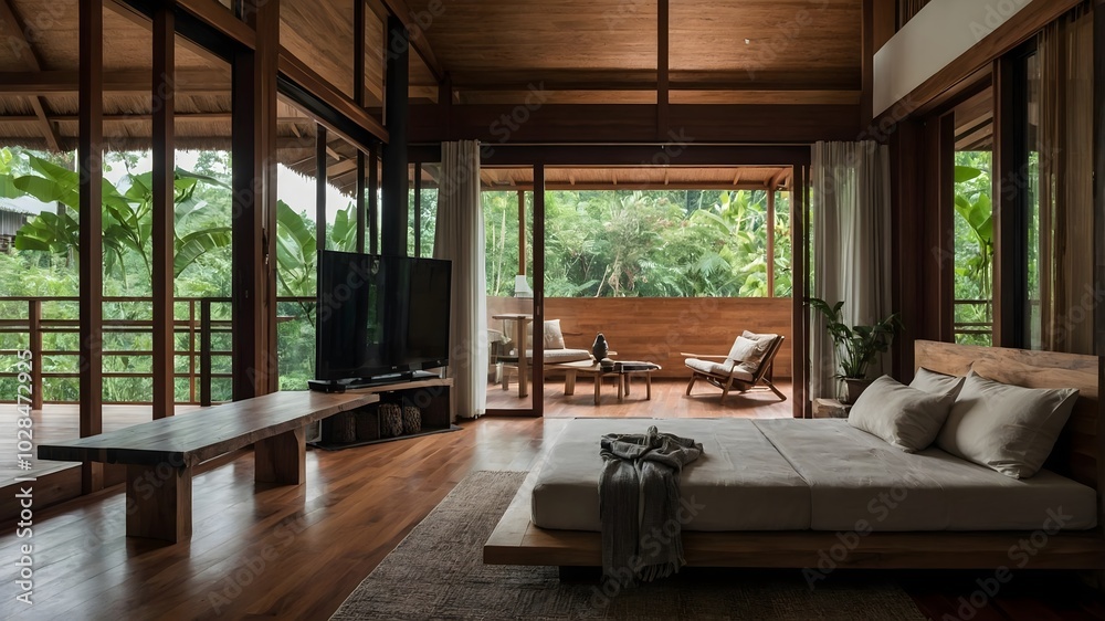 AI-Generated Image of Minimalist Modern Wooden House in the nature.