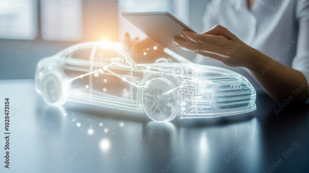 A futuristic concept showcasing a digital car model, blending technology and innovation with a sleek design on a modern workspace. A futuristic concept showcasing a digital car model, blending technology and innovation with a sleek design on a modern workspace.