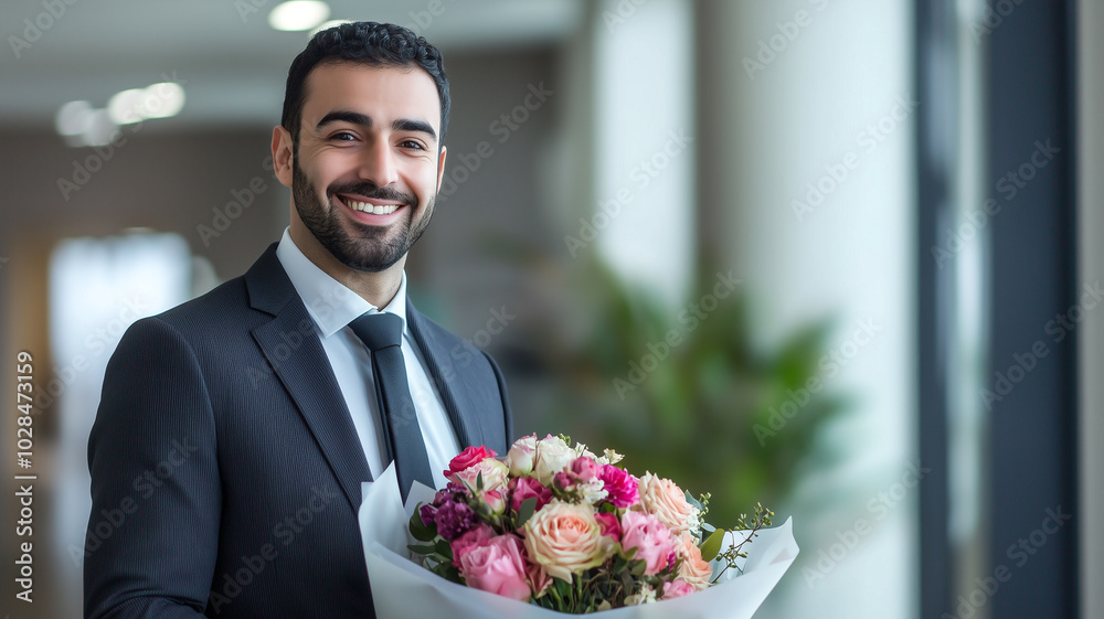 Arabian Executive in Suit Cheerfully Offering Flowers in Office Reception Area. Arabian Executive in Suit Cheerfully Offering Flowers in Office Reception Area.