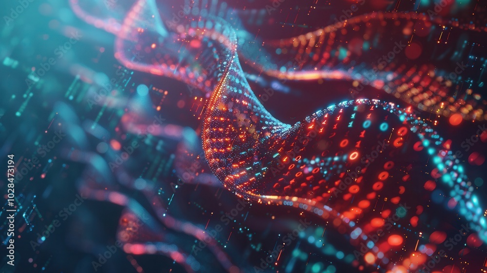 A colorful 3D DNA strand glows with animated binary code and digital data, representing the fusion of biology and technology. Generative AI A colorful 3D DNA strand glows with animated binary code and digital data, representing the fusion of biology and technology. Generative AI