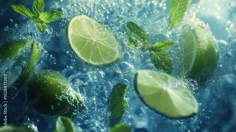 Fresh lime and mint leaves floating in sparkling water. Fresh lime and mint leaves floating in sparkling water.