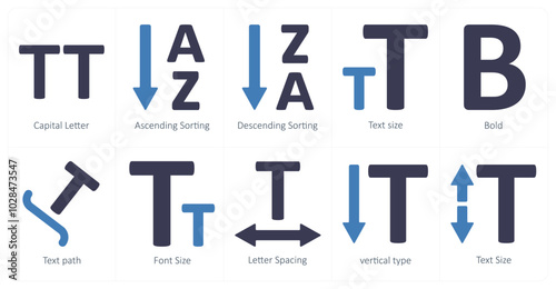 A set of 10 editing tools icons as capital letter, ascending sorting, descending sorting