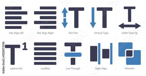 A set of 10 editing tools icons as text align left, text align right, text size