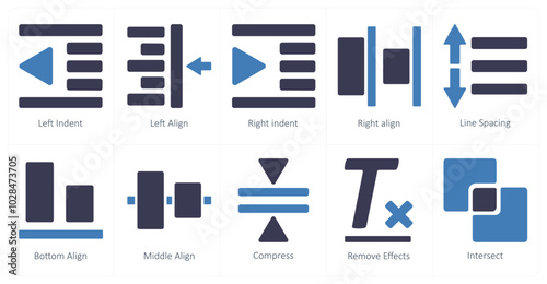 A set of 10 editing tools icons as left indent, left align, right indent