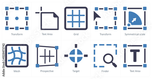 A set of 10 editing tools icons as transform, text area, grid