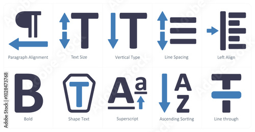 A set of 10 editing tools icons as paragraph alignment, text size, vertical type