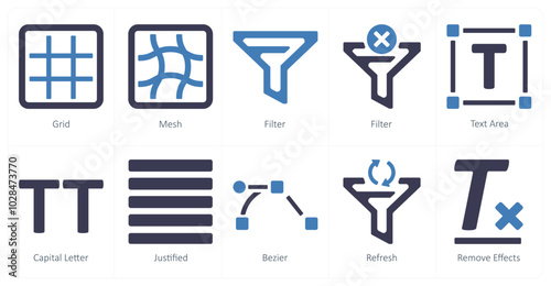 A set of 10 editing tools icons as grid, mesh, filter
