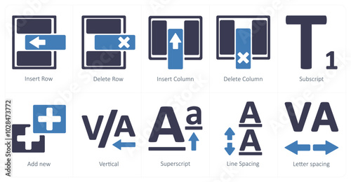 A set of 10 editing tools icons as insert row, delete row, insert coloumn