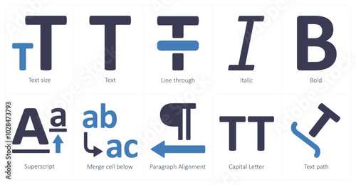 A set of 10 editing tools icons as text size, text, line through, italic