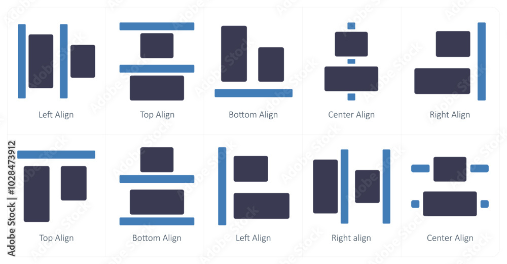 A set of 10 editing tools icons as left align, top align, bottom align A set of 10 editing tools icons as left align, top align, bottom align