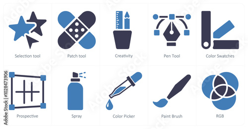 A set of 10 editing tools icons as selection tool, patch tool, creativity